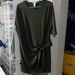 Large Olive Green Tie-Waist Tunic Dress